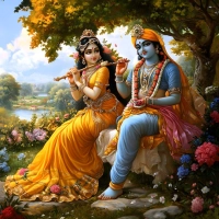 Devotional painting of Radha in a yellow lehenga holding a flute, sitting next to Krishna in a blue dhoti under a lush tree. | PrintPosters.in
